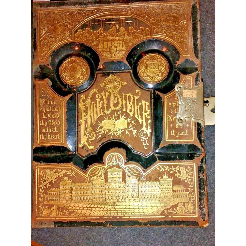 Antique 19th C Victorian Holy Bible 2000 Illustrations Embossed Leather Bible